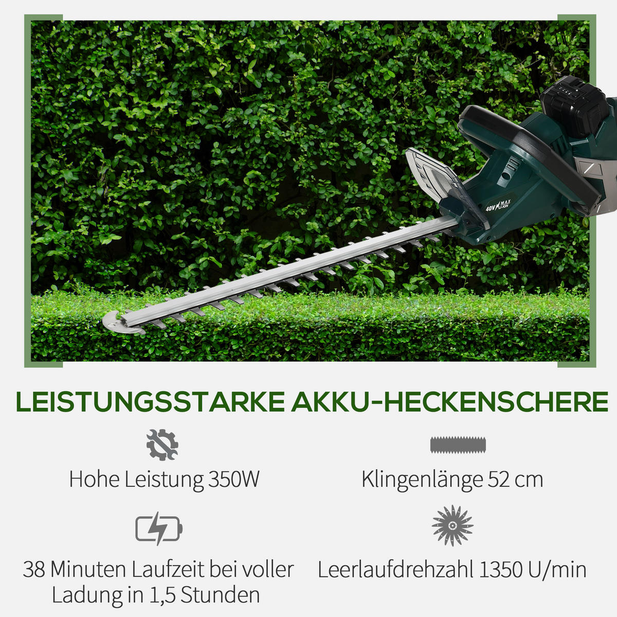 ELEKTRISCHER Heckenschere Heckenschneider Kabellos 52cm Schnittlänge Drehgriff - Grün, Metall (20/20/110cm) - DURHAND