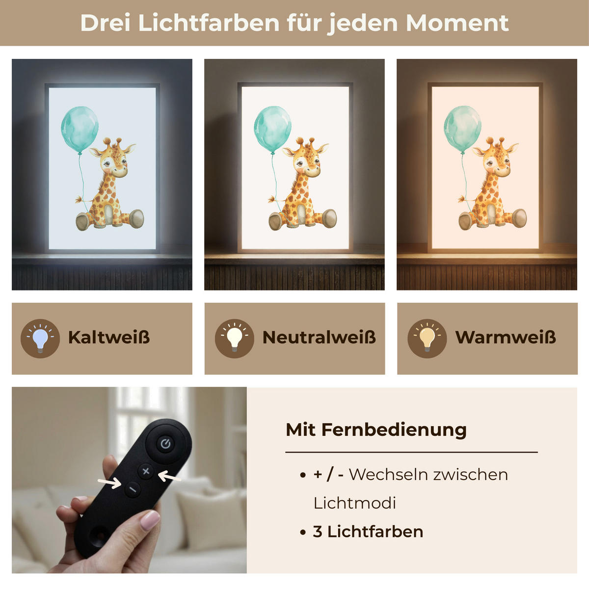 WANDLEUCHTE MIT AKKU Giraffe - Baby - Tiere - Blauer Ballon 40x60 cm - Weiß, Holzwerkstoff (40/60/8cm) - OnlyWow