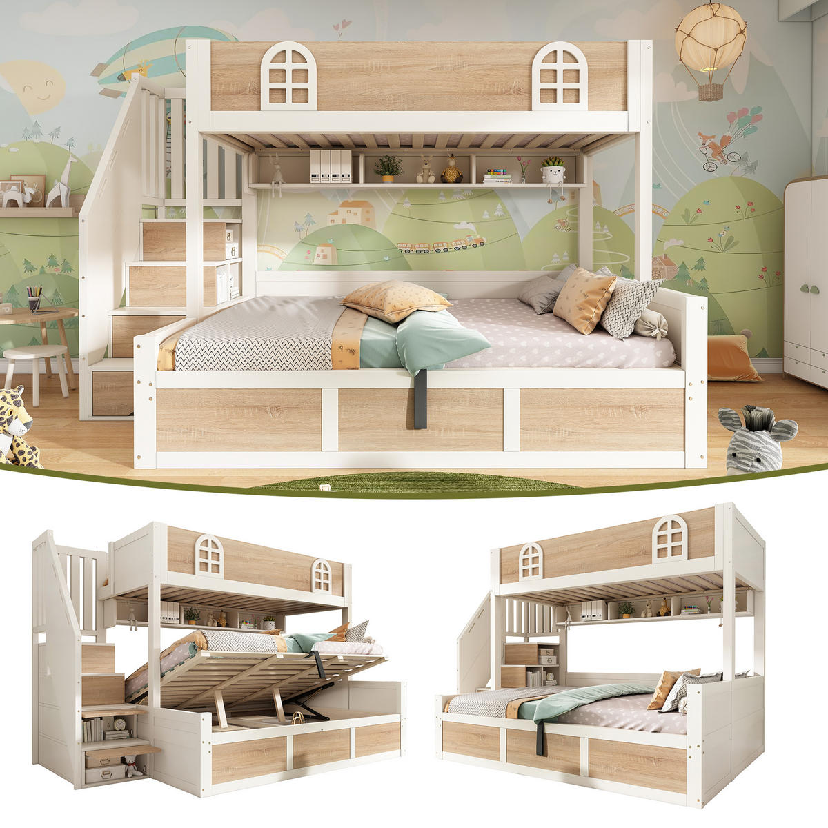 ETAGENBETT 90/200 cm & 140/200 cm in Weiß & Natur mit Stauraum, Regal und 4 Stufen - Weiß/Naturfarben, Holz/Holzwerkstoff (140/200cm) - WISHDOR