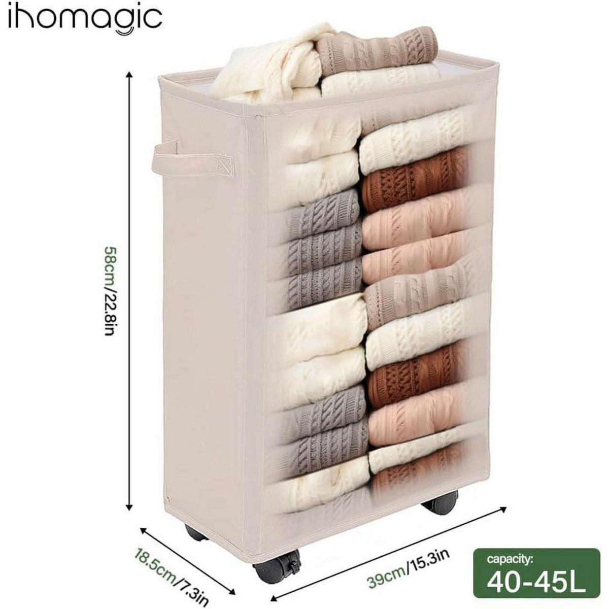 WÄSCHEKORB mit Rädern 40L Beige - Beige, Textil (18.5/39/58cm)