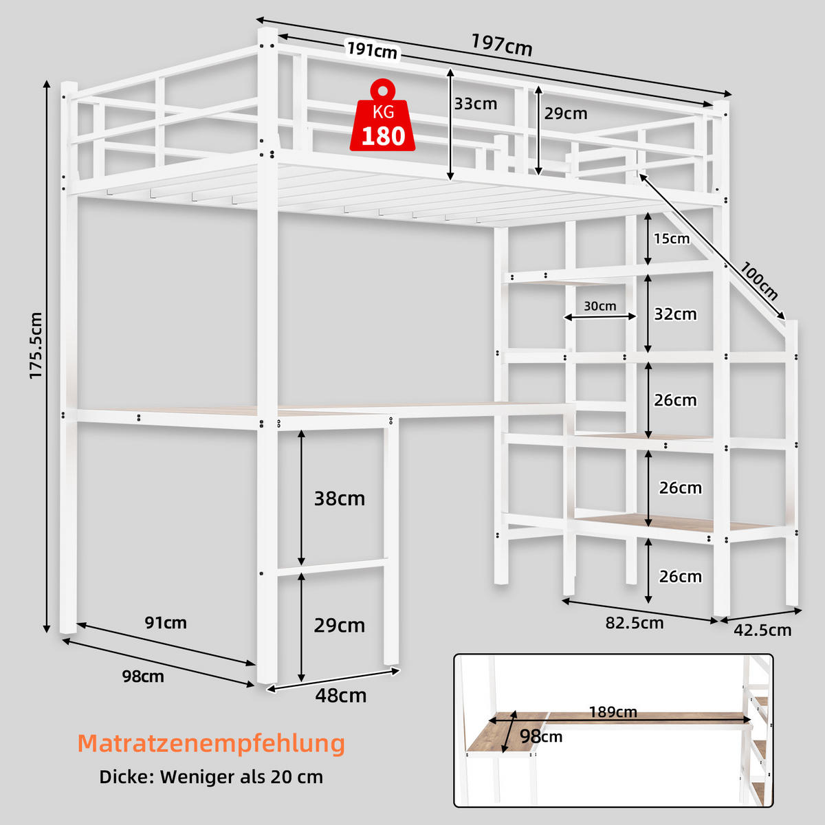 HOCHBETT 90/190 cm in Weiß mit Treppe, Schreibtisch und Stauraum - Weiß, Holzwerkstoff/Metall (90/190cm) - WISHDOR