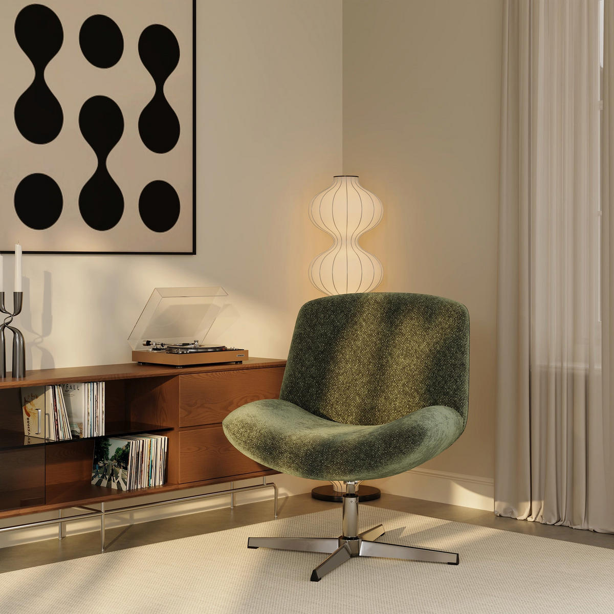 DREHSESSEL ABY Strukturierter Samt Vintage-Grün 66cm - Dunkelgrün/Grün, Textil (66/81/74cm) - Premium Interiors