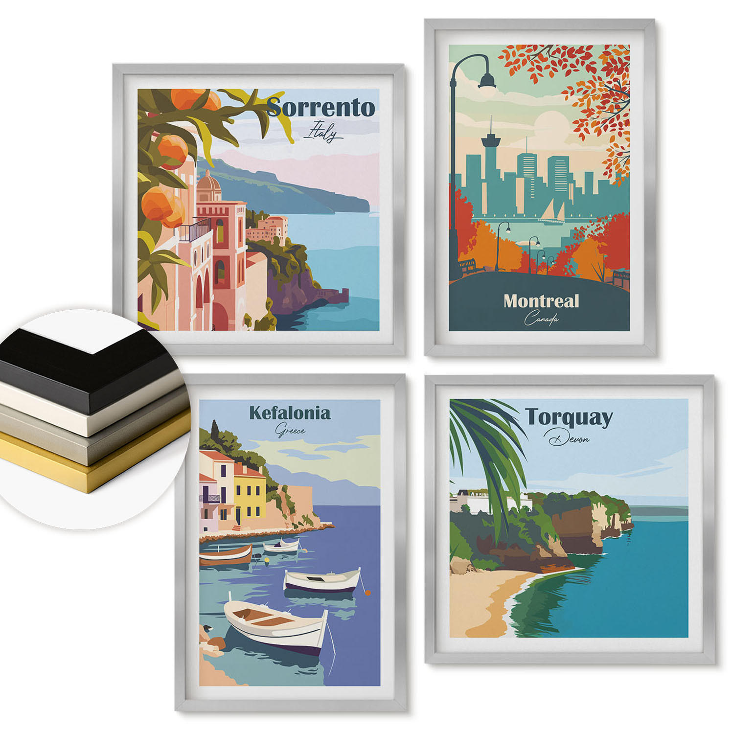 WANDBILDER 4er Set - 50x50 cm & 40x60 cm Silberner Rahmen - Retro-Ansichten von Städten auf der ganzen Welt - Silberfarben, Kunststoff (50/50cm) - ArtPrintCave