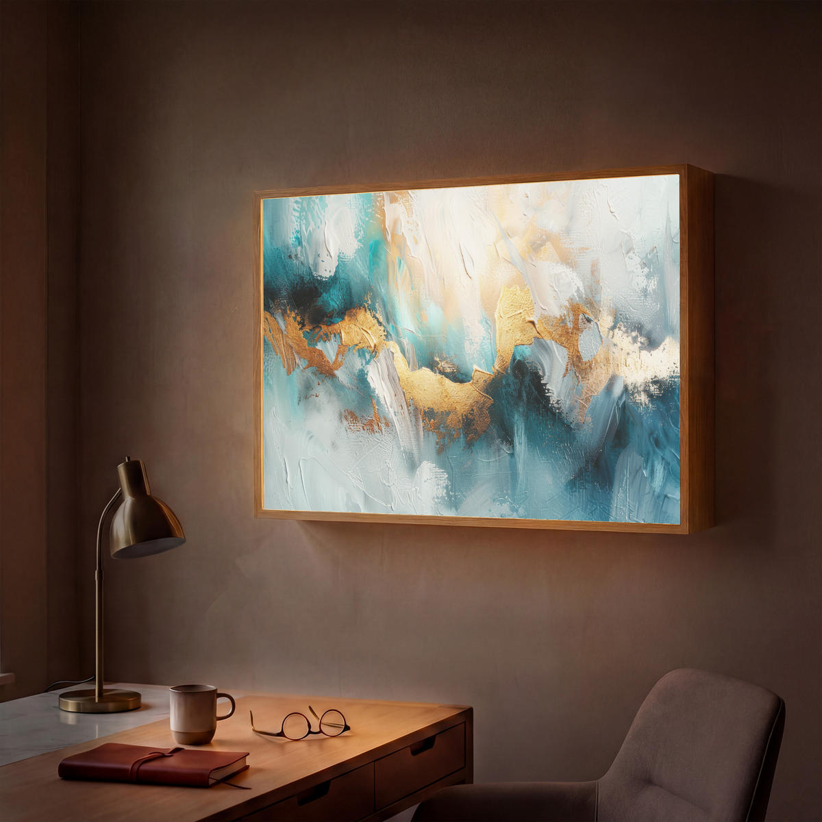 NÁSTĚNNÁ LAMPA S AKUMULÁTOREM Abstraktní - umění - zlatá - modrá 100x70 cm - tyrkysová, kompozitní dřevo (100/70/8cm) - OnlyWow