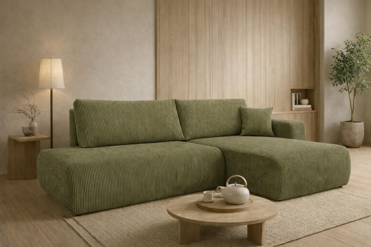 ECKSOFA Mit Schlaffunktion Und Bettkasten, Cordstoff Poso, Olive, Rechts, OPEN XL - Olivgrün, Holz (262/145cm) - Kaiser Möbel
