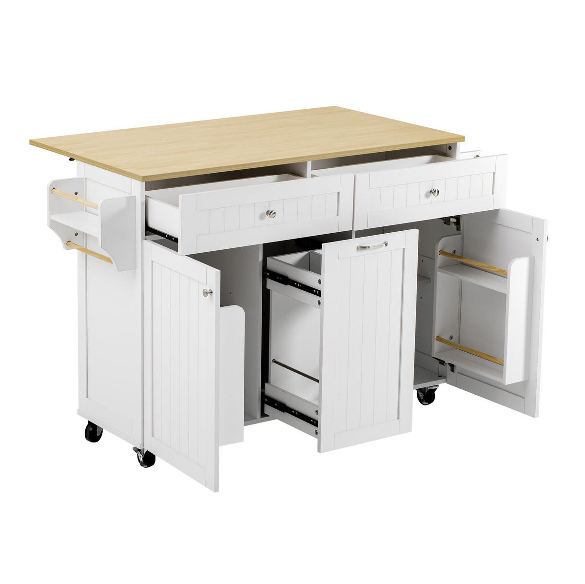 KÜCHENINSEL 140/40-70/92 cm mit ausziehbarer Klappplatte, Rollen und MDF-Korpus, Weiß/Natur - Weiß, Holzwerkstoff (140/92/70cm) - Redom