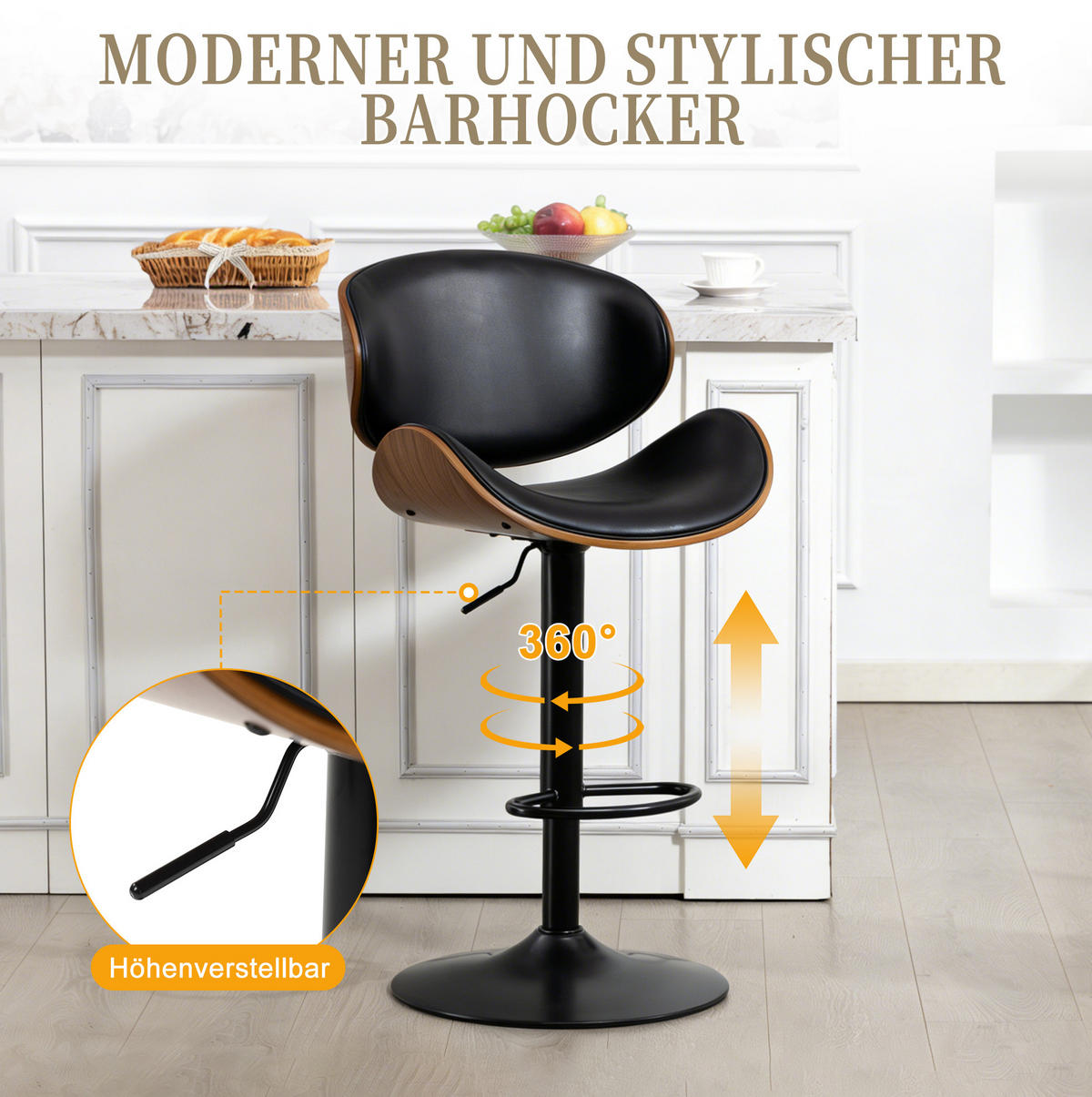 BARHOCKER höhenverstellbar und drehbar, Schwarz, Sitzhöhe 59–70 cm - Schwarz, Metall (50/93/51cm) - MIVRAY
