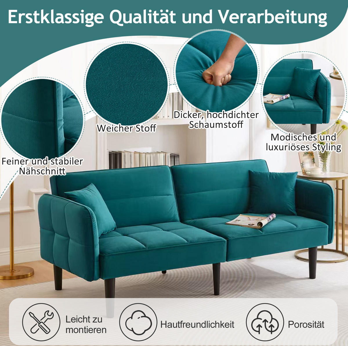 SCHLAFSOFA mit Samtbezug und klappbaren Armlehnen in Antik Blaugrün - Grün, Textil (78/76/176cm) - BEAOK