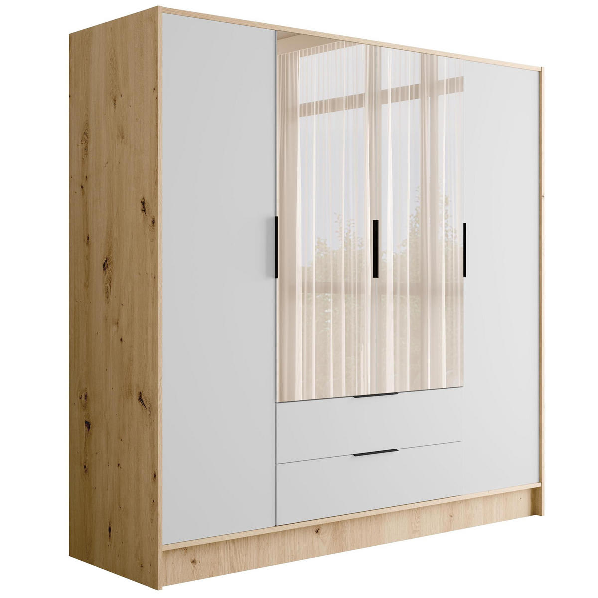 KLEIDERSCHRANK mit Spiegel und Flügeltüren KOLIN 200x200cm Artisan/Weiß - Eiche Artisan/Weiß, Holzwerkstoff (200/200/51cm) - ALTDECOR