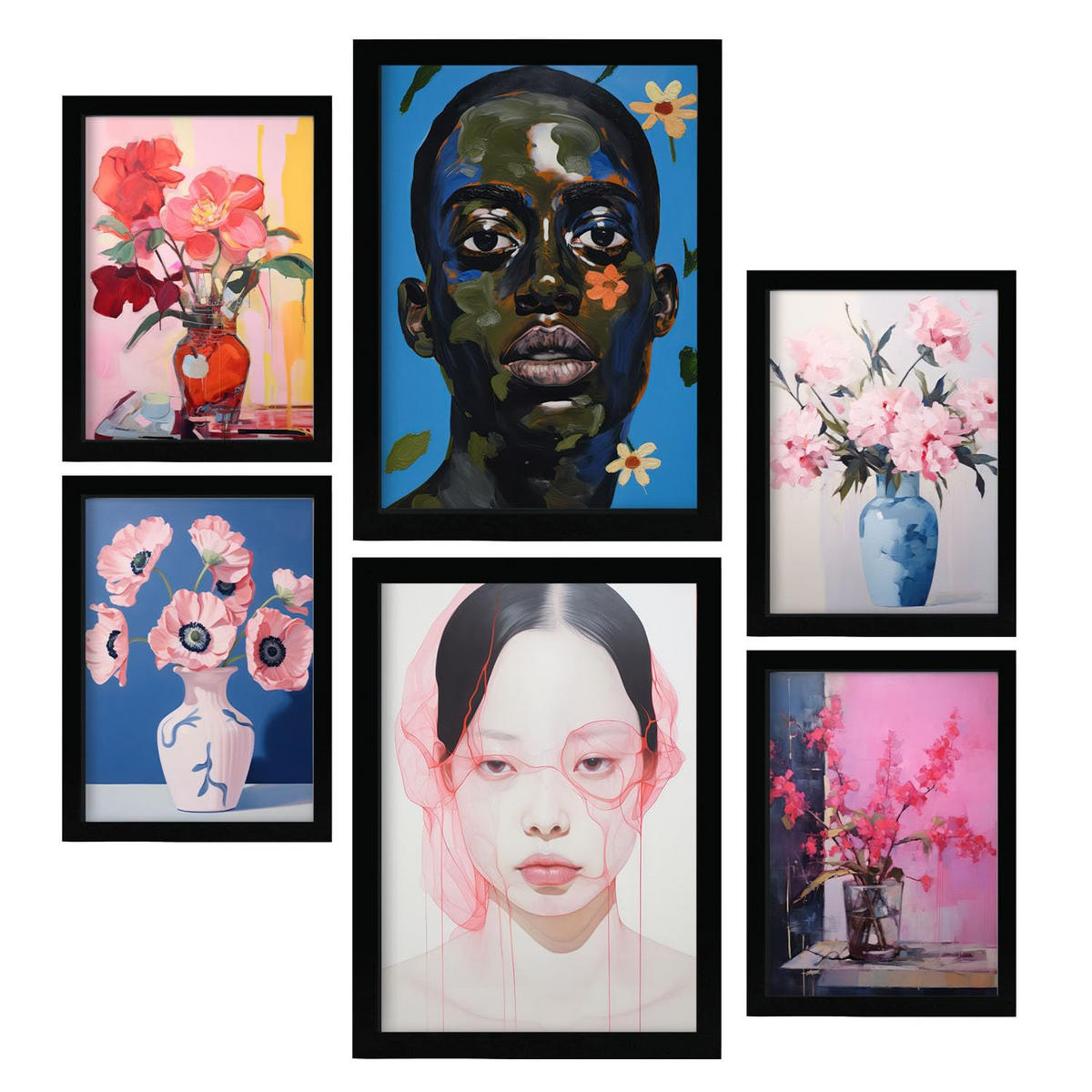 POSTER Set Mit 6 Blumengesicht In Vielseitiger Stil A3 & A4 Schwarzer Rahmen - Schwarz, Papier (29/3cm) - Nacnic