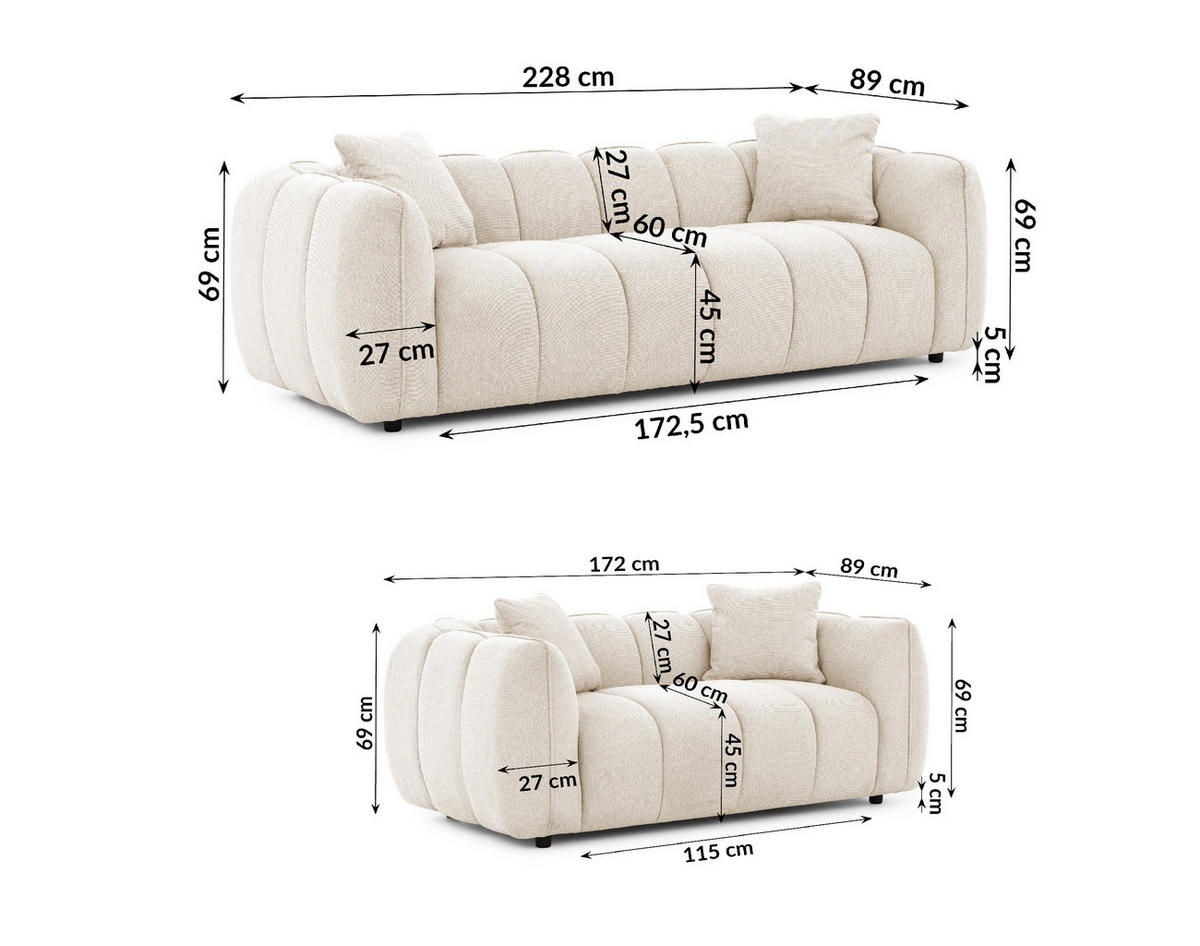 SITZGARNITUR 3+2 Nubira in tief gesteppter Bubble-Optik aus weichem Hellbeige Strukturstoff im modernen Design - Beige/Schwarz, Holz/Kunststoff (228/69/89cm) - S-Style Möbel