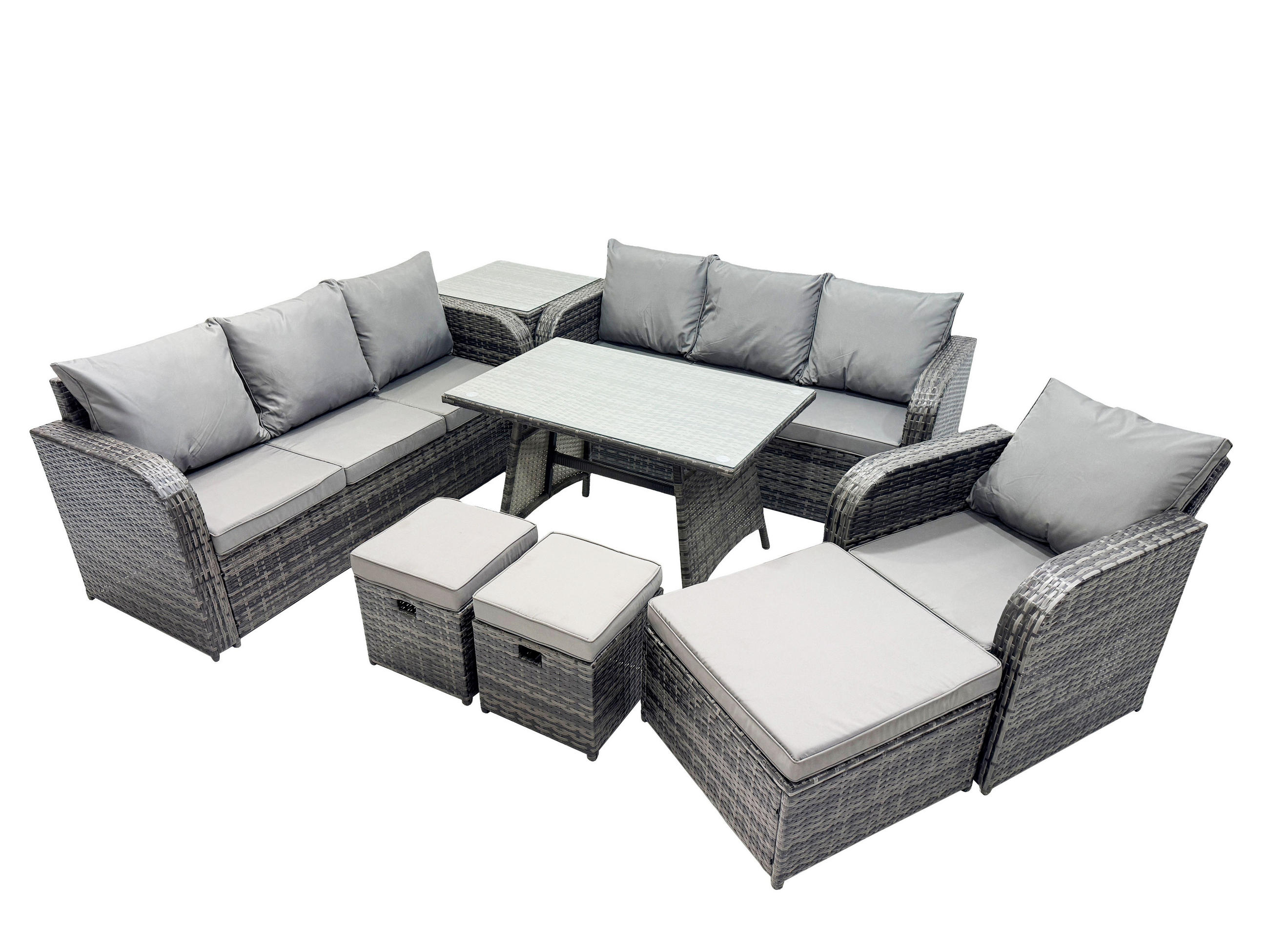 GARTENSET Hohe Rückenlehne Polyrattan 10-Sitzer - Dunkelgrau/Grau, Glas/Kunststoff - Fimous