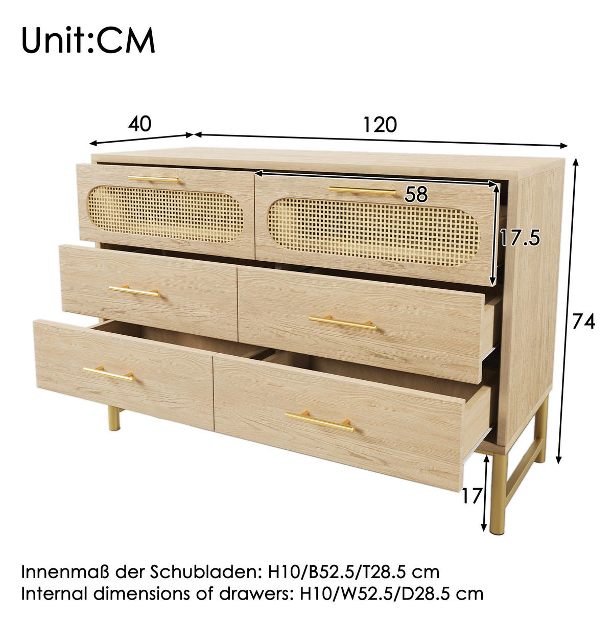 KOMODA 120/40/74 cm se 6 zásuvkami, ratanový vzhled, kovové nohy, dřevotříska/kov, Sonoma dub - barva dubu, kov (120/74/40cm) - Redom