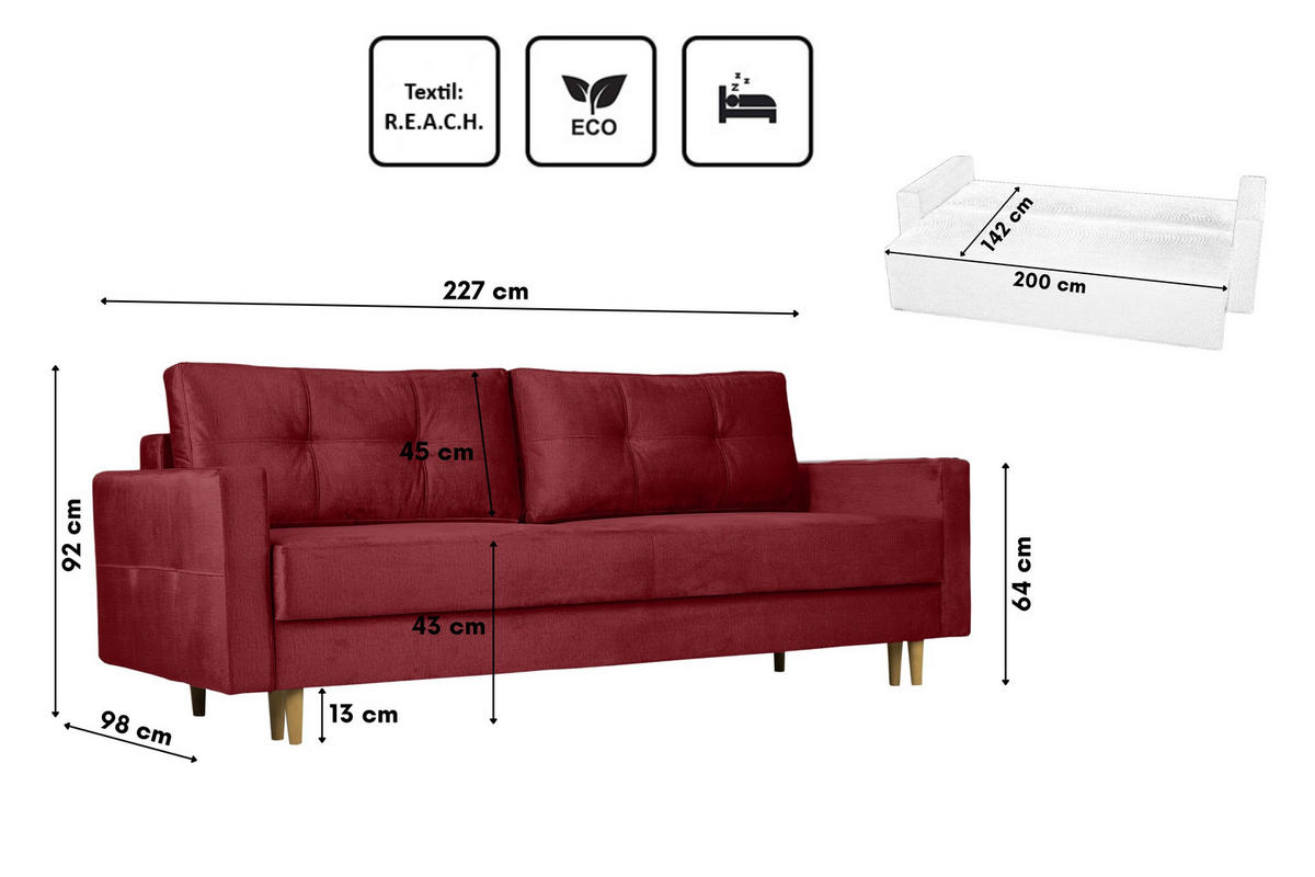 SCHLAFOSOFA Floro 3-Sitzer Stoff Monolith Rot - Rot, Holz/Textil (227/92/98cm) - Kaiser Möbel