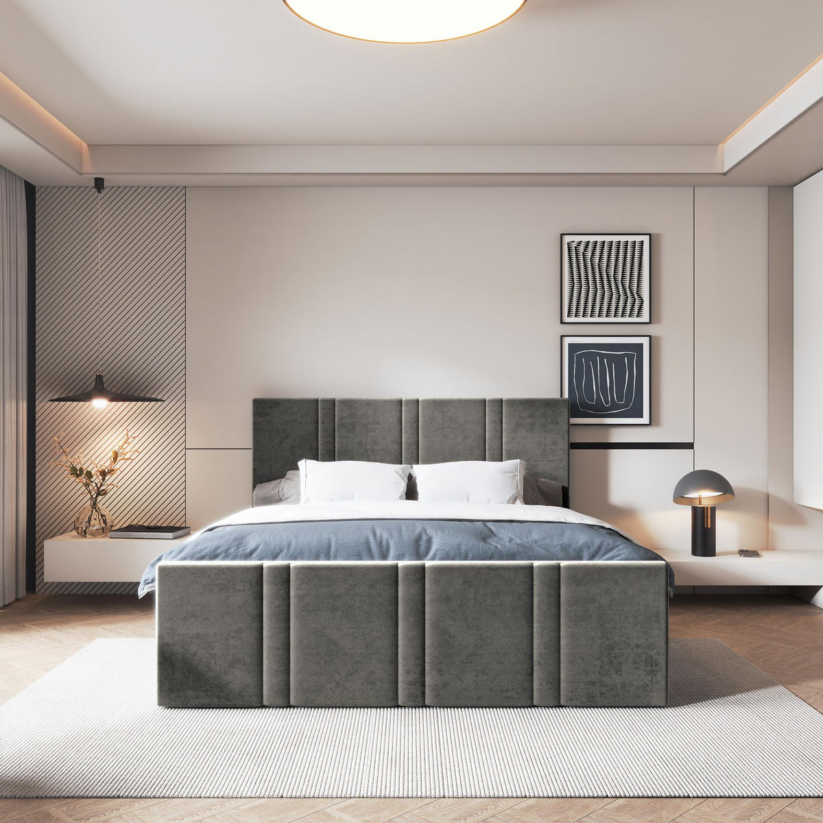 POSTEL BOXSPRING COMOZA 180x200 cm, s matrací a úložným prostorem, šedá - šedá, kompozitní dřevo/textil (180/200cm) - MASSENO