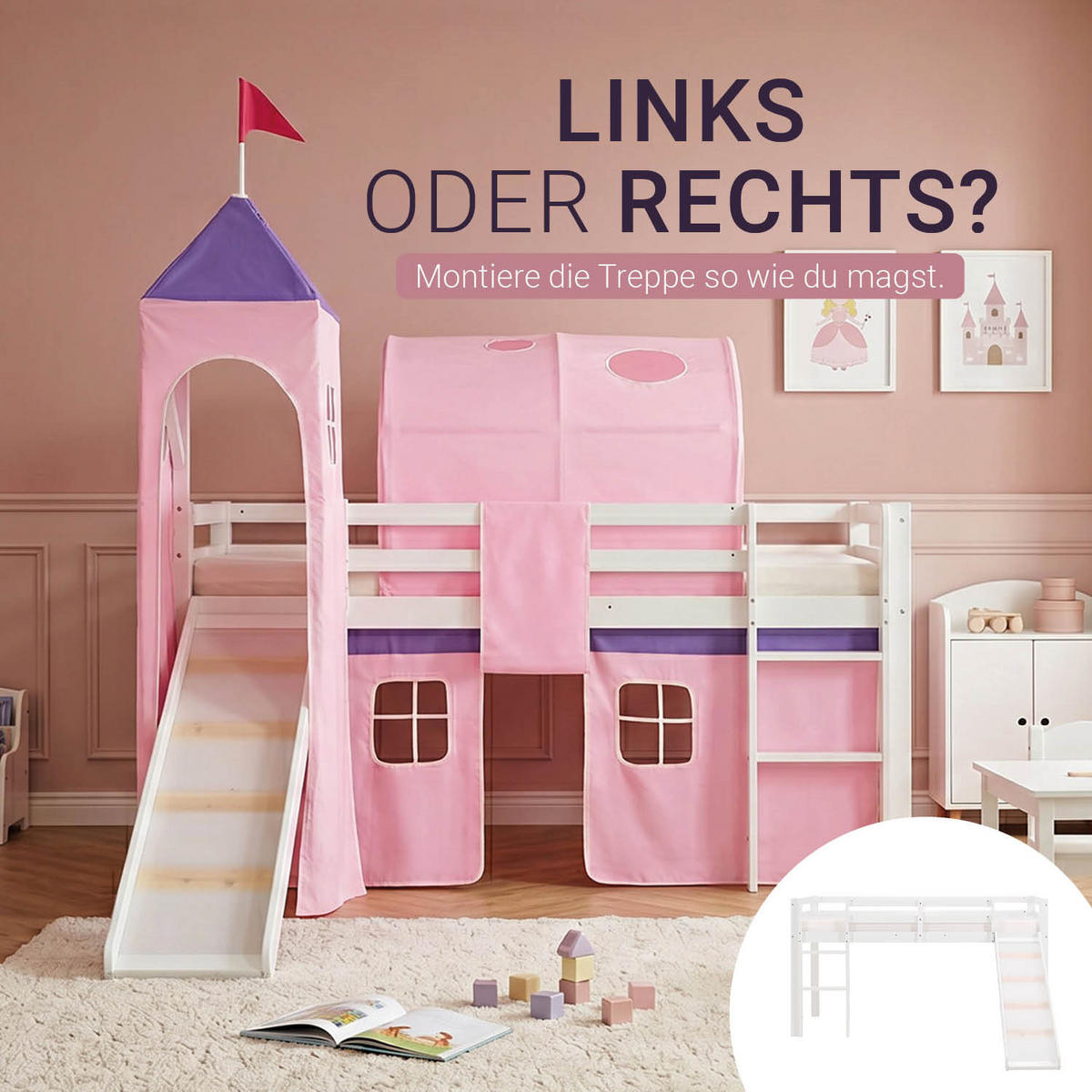 HOCHBETT mit Rutsche 90/200 cm Rosa - Weiß/Rosa, Holz - Homestyle4u