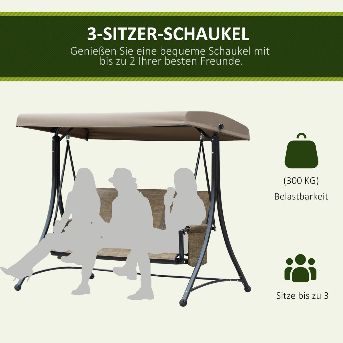 HOLLYWOODSCHAUKEL 3-Sitzer Seitentasche - Braun, Metall (128/172/196cm) - Outsunny