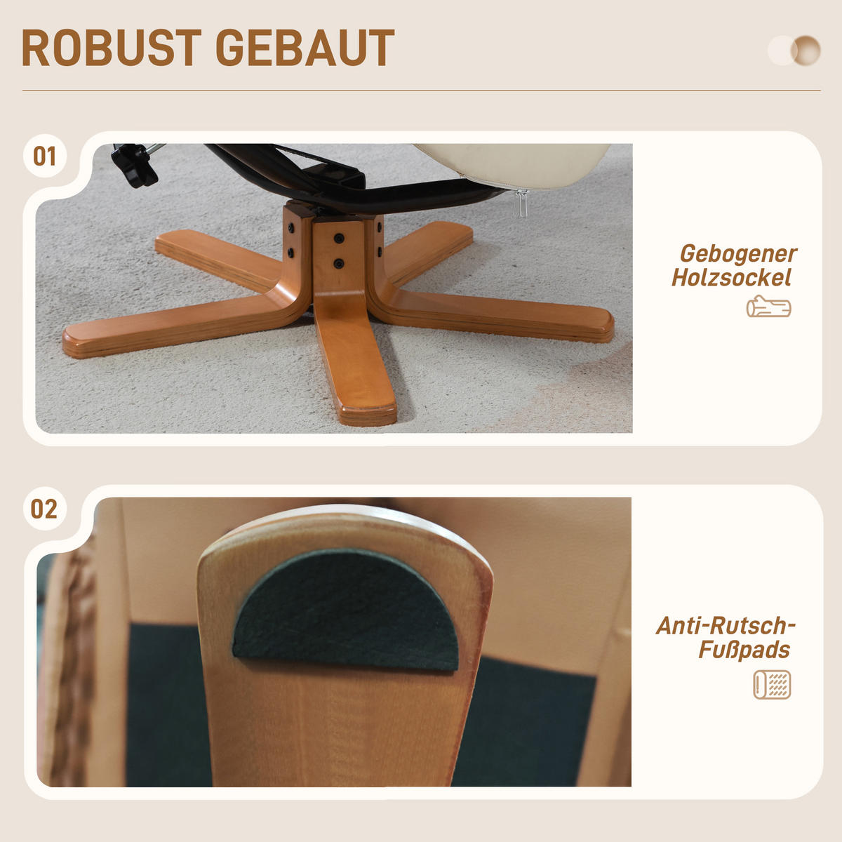 RELAXSESSEL mit Hocker, Fernsehsessel mit Liegefunktion, Wippfunktion, Schwarz - Creme/Weiß, Holz/Kunststoff (84/102/71cm) - HOMCOM