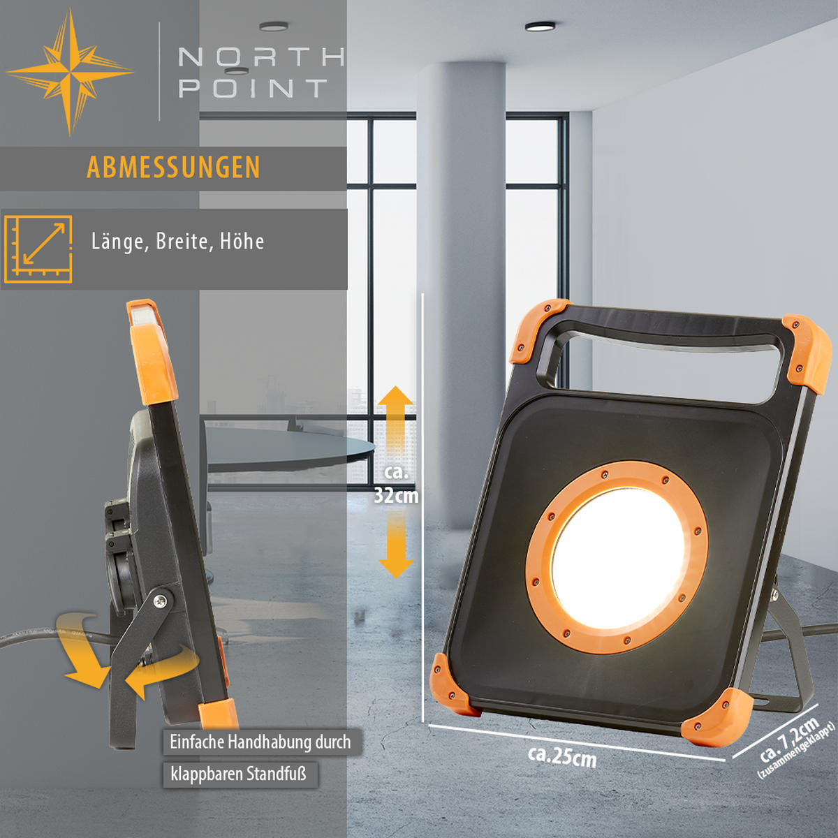 LED-BAUSTRAHLER - 50W mit stabilem Standgestell und 2 Steckdosen für handwerkliche Tätigkeiten, 5m Kabel, 2er-Set - Weiß, Metall (7.5/25.8/32.5cm) - Northpoint