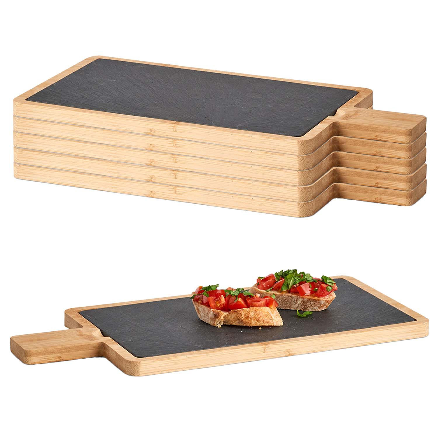 SERVIERPLATTEN, 6 Stück, Schiefer mit Bambusbrett - 40 x 19cm - Schwarz, Stein (19/1.5/40cm) - Zeller Present
