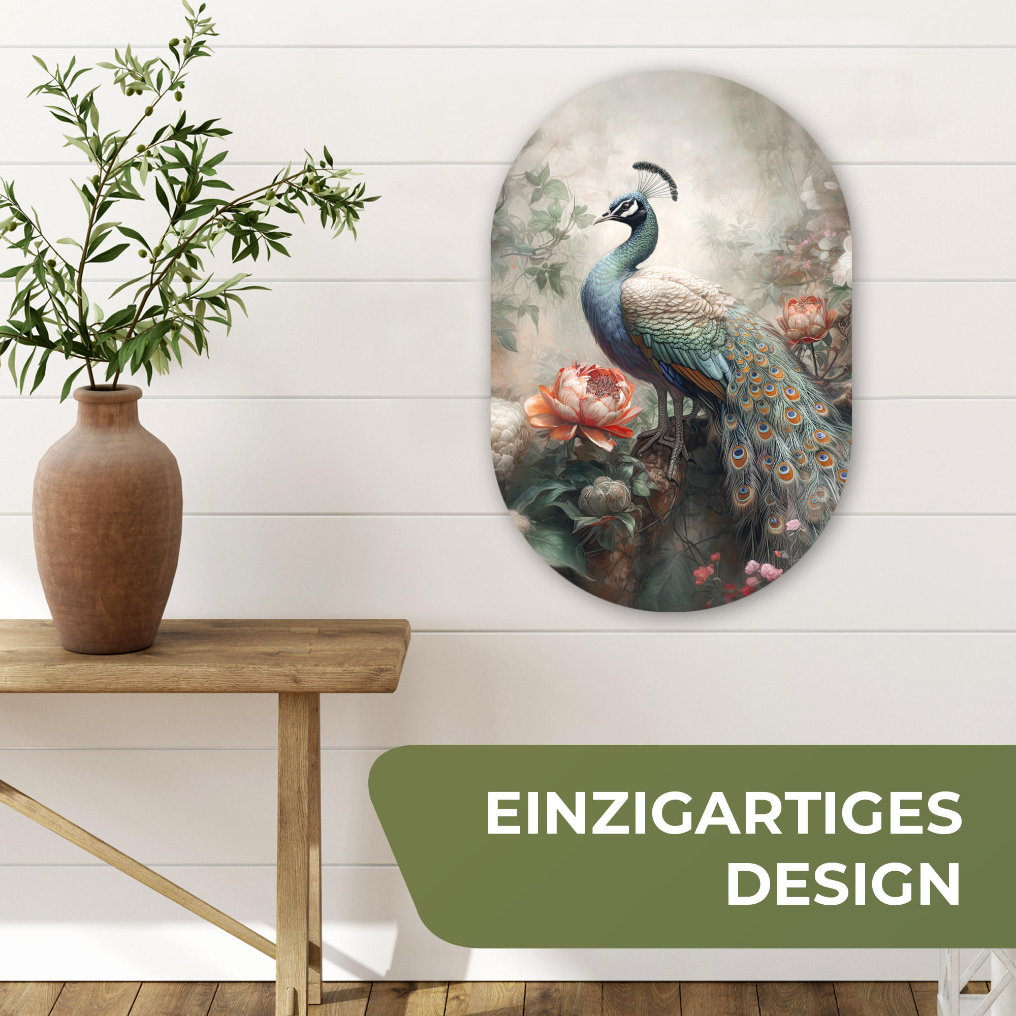 WANDBILD Pfau - Pfauenfedern - Vogel - Dschungel - Blumen 40x60 cm - Smaragdgrün, Kunststoff (40/60cm) - MuchoWow