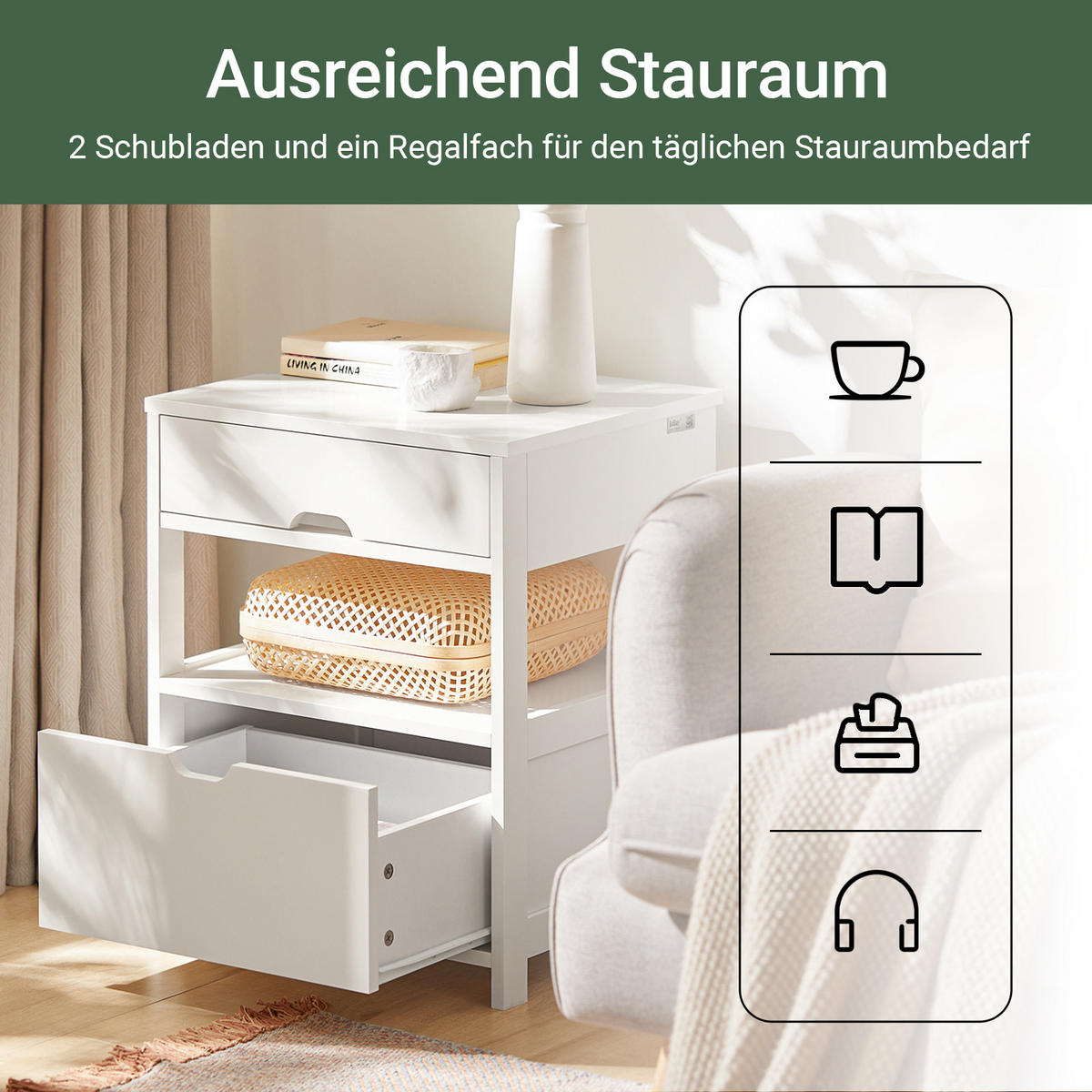 NACHTTISCH mit 2 Schubladen, Weiß, 45x55x38 cm - Weiß, Holzwerkstoff (45/55/38cm) - SoBuy