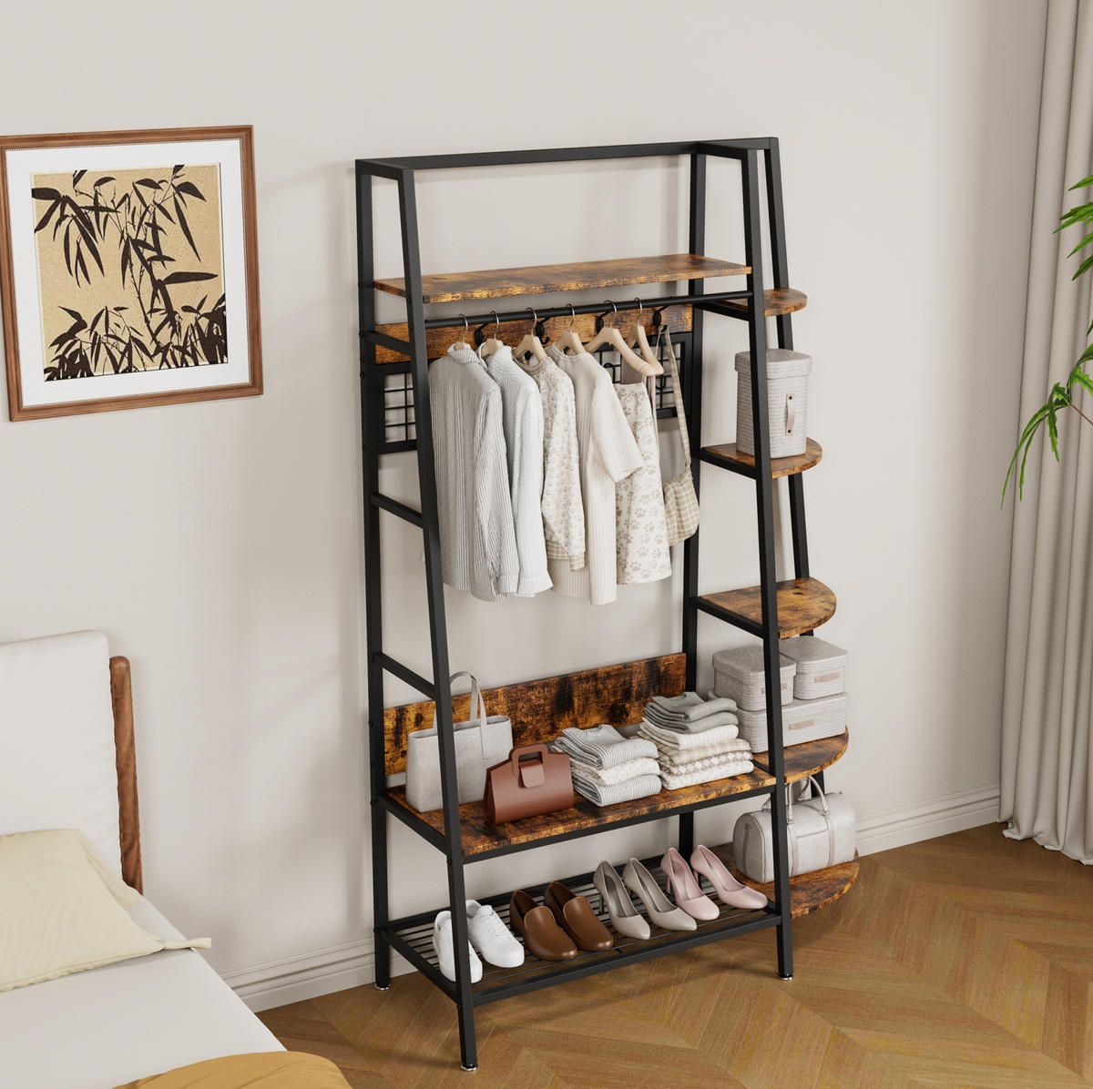 GARDEROBENSTÄNDER mit 3 Ablagen Metall/Holzoptik Black+Brown - Schwarz, Holzwerkstoff (43.4/182.6/123.4cm) - Beauniv