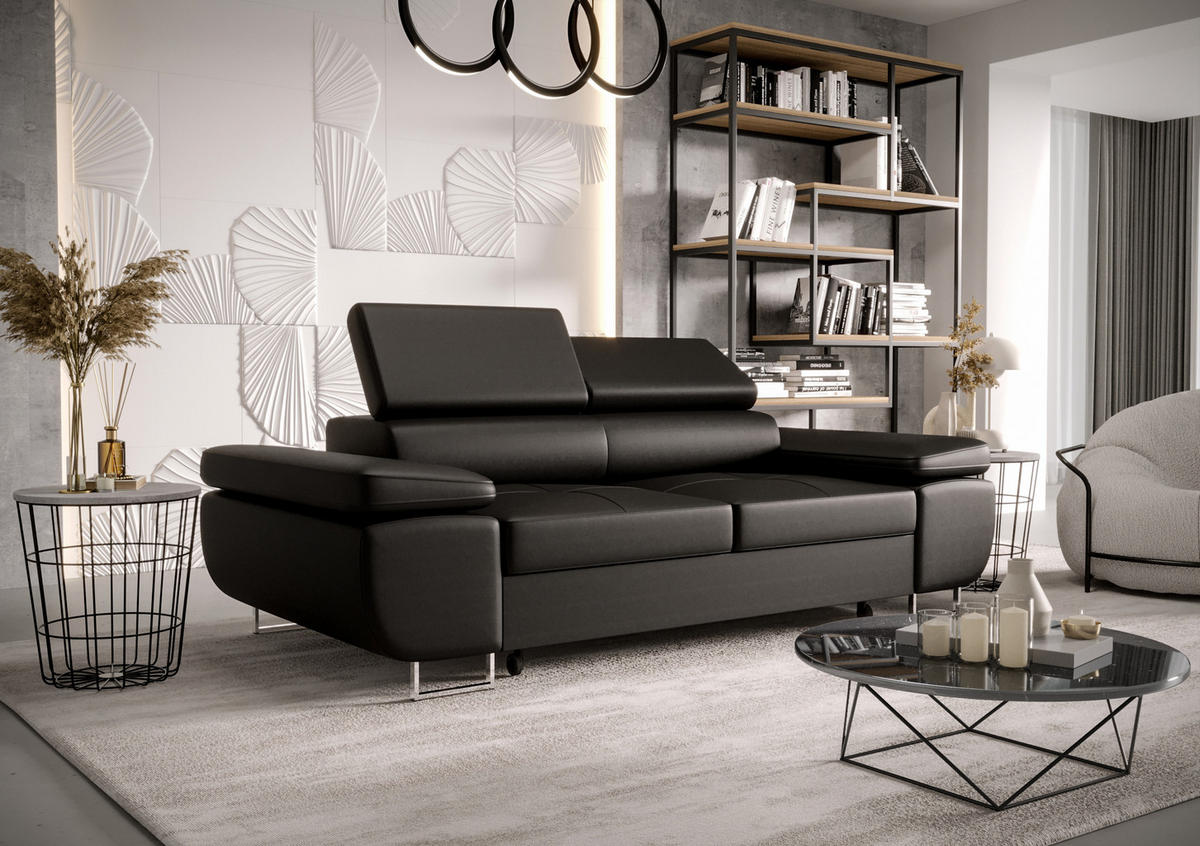 SCHLAFSOFA PRAGA 2, Sofa mit Schlaffunktion, Farbe: Schwarz, Kunstleder - Schwarz, Textil (208/90/100cm) - O-Sofa