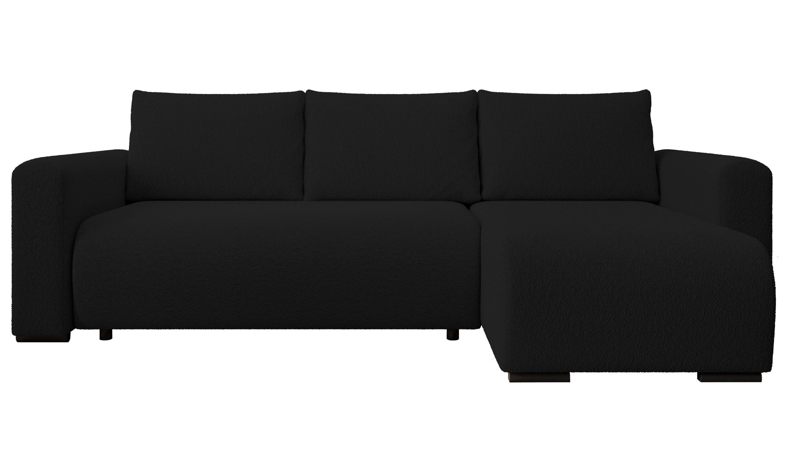 ECKSOFA DORA L, Eckcouch in L-Form mit Schlaffunktion und Bettkasten, Farbe: Schwarz, Bouclé-Stoff, Ottomane Rechts - Schwarz, Textil (240/143cm) - Storez24