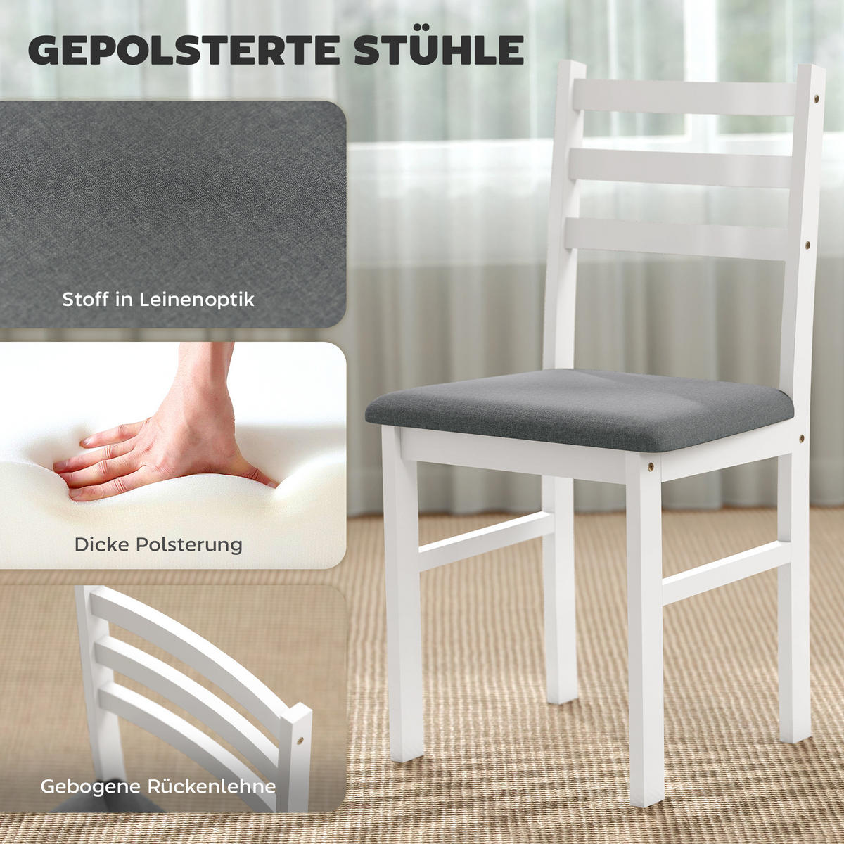 ESSTISCH-SET DE-10071 mit 2 gepolsterten Stühlen, platzsparend Weiß - Weiß, Holzwerkstoff (60/74.5/80cm) - ComfortXL