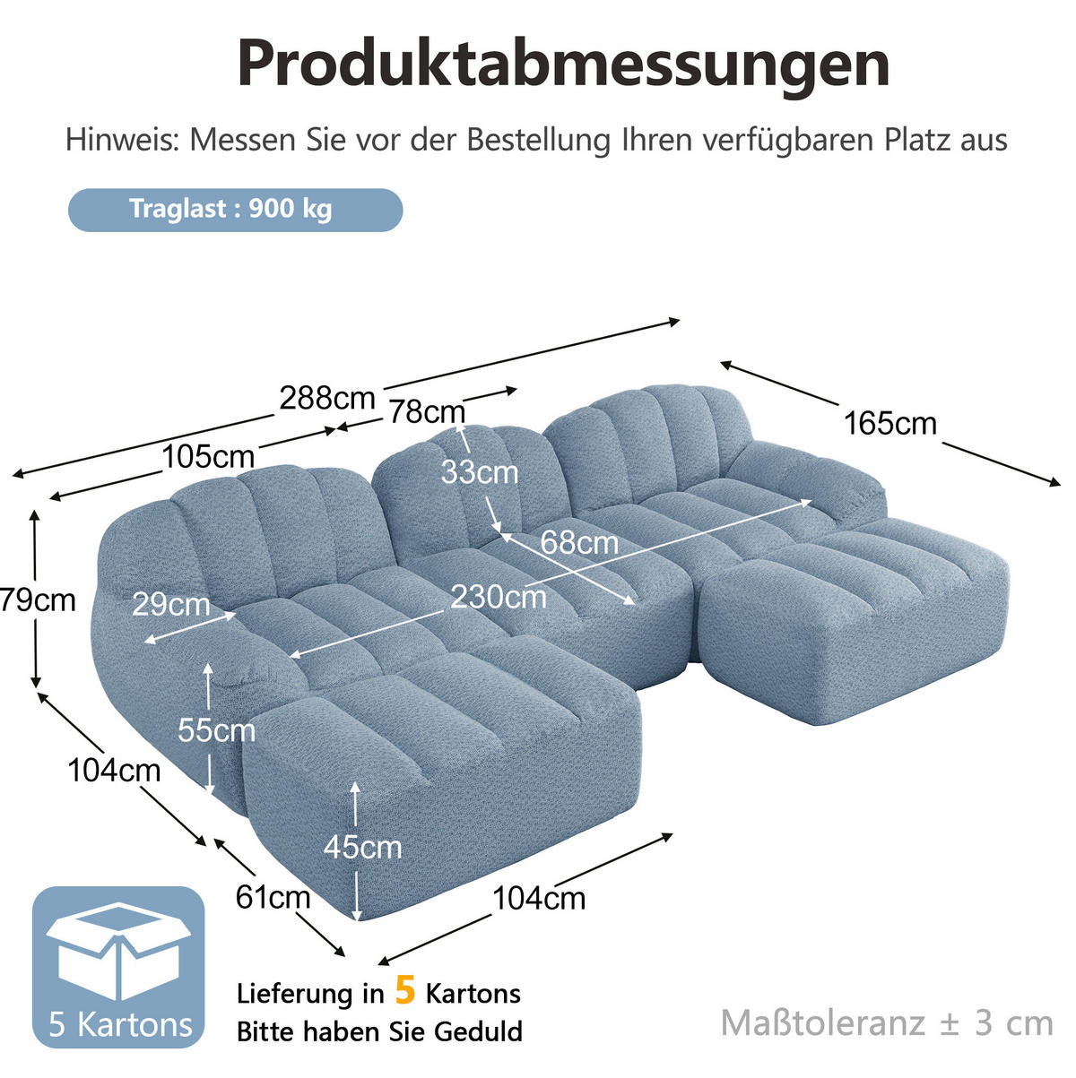 MODULARES Ecksofa mit 3 Sitzplätzen aus granuliertem Fleece in Blau 288x165x79 cm mit 2 Ottomanen - Blau, Textil (165/288cm) - IVMEU