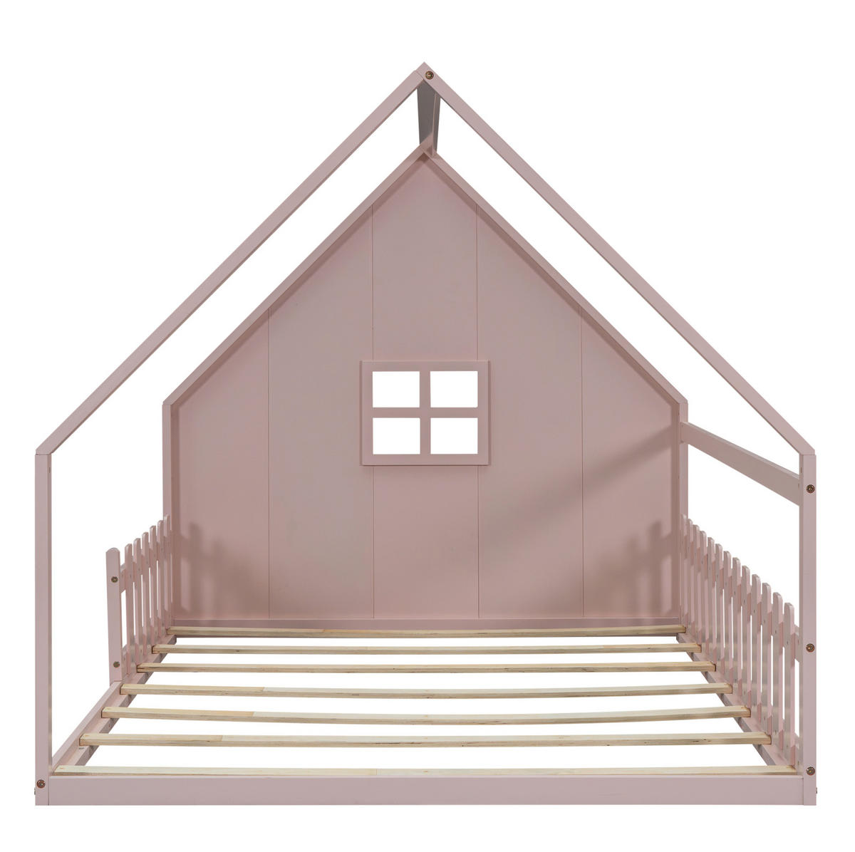 HAUSBETT 140/200 cm in Rosa aus Kiefernholz und MDF mit Hausrahmen - Rosa, Holz (140/200cm) - OKMYHOME