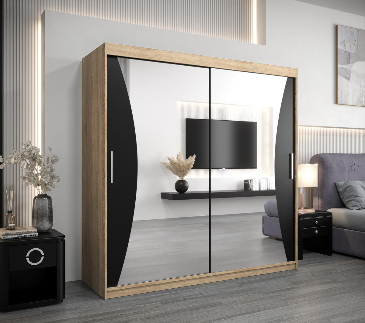 SCHWEBETÜRENSCHRANK 200/200/62 2-türig - Silberfarben/Schwarz, Holz/Kunststoff (200/200/62cm) - Abiks Möbel