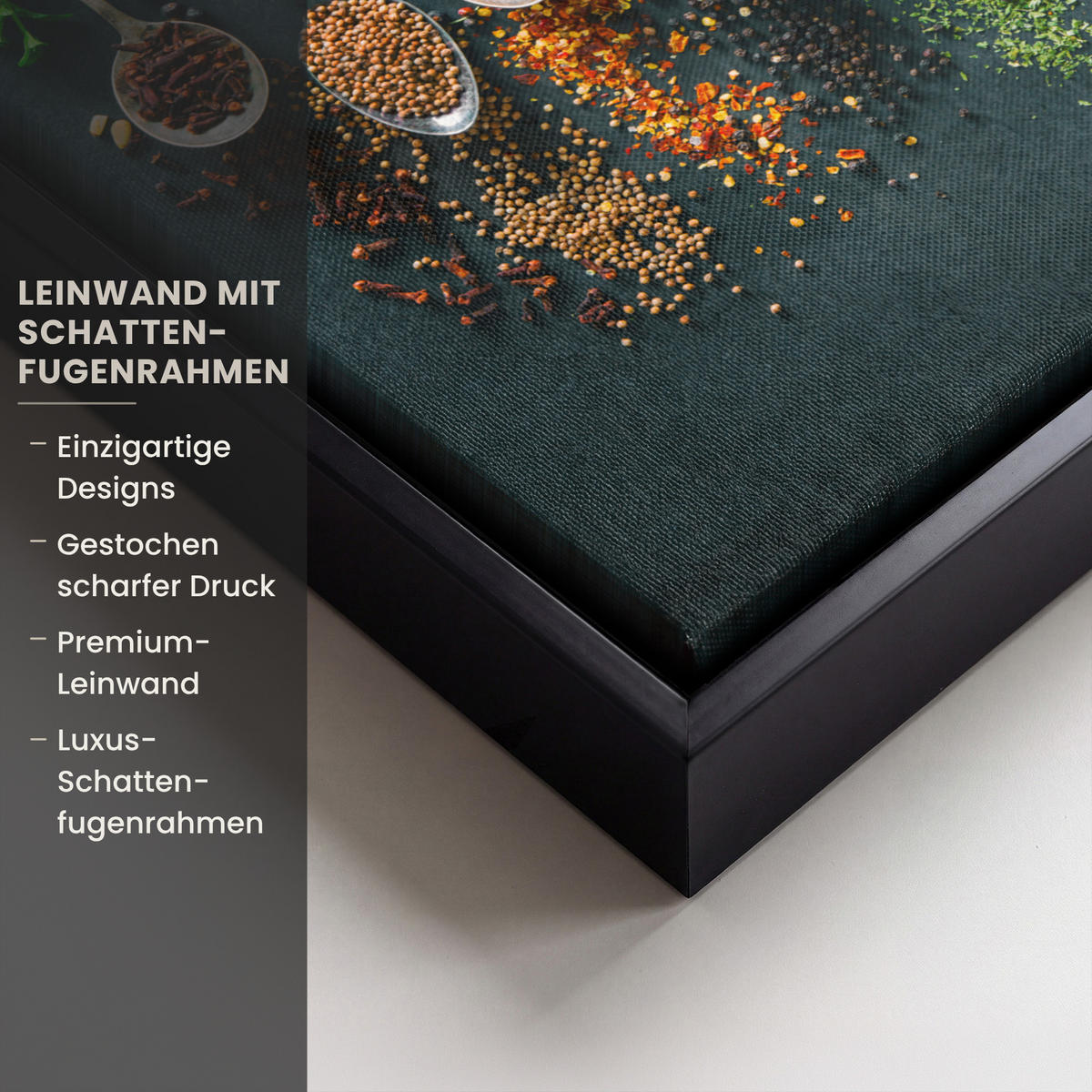 LEINWAND Bilder mit Rahmen - Kräuter - Gewürze - Löffel - 40x30 - Currygelb, Textil (40/30cm) - MuchoWow