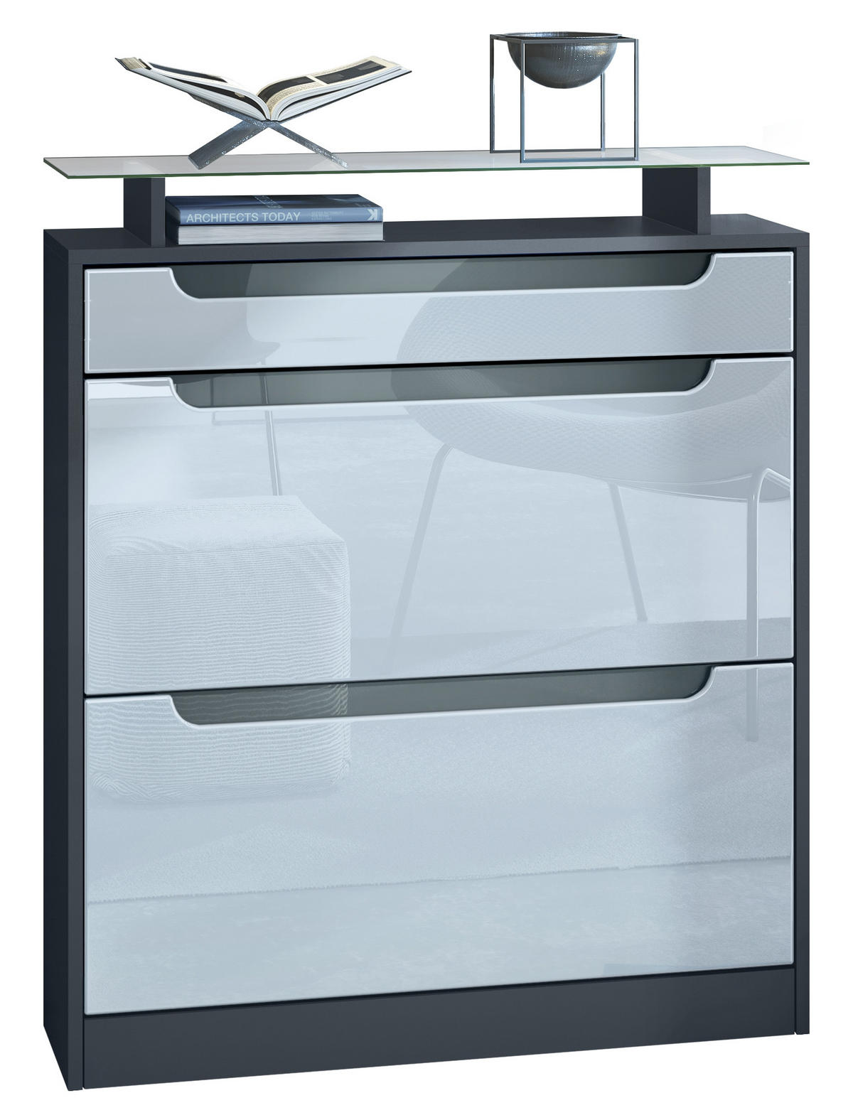 SCHUHSCHRANK Fiesta Fronten in Weiß Hochglanz, Griffmulden in Grau Hochglanz - Weiß Hochglanz, Holzwerkstoff (89/104/23cm) - Vladon