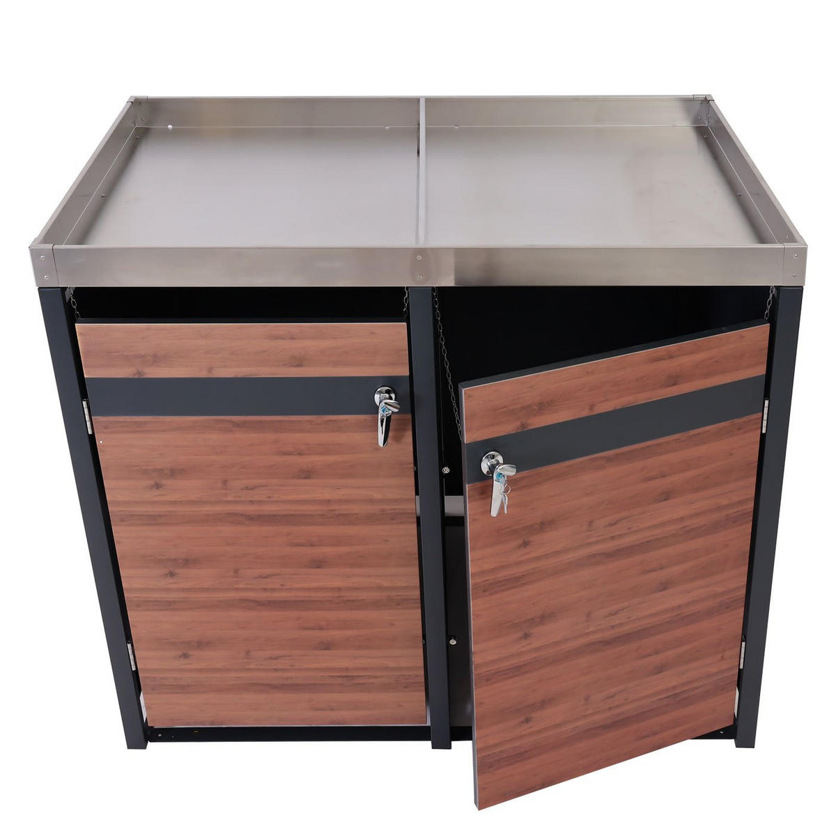 MÜLLTONNENBOX 2er mit Pflanzkasten 125x132x80cm Anthrazit Kirsche-Holzoptik Dunkelbraun erweiterbar - Kirschbaumfarben, Metall (132/125/80cm) - PROREGAL