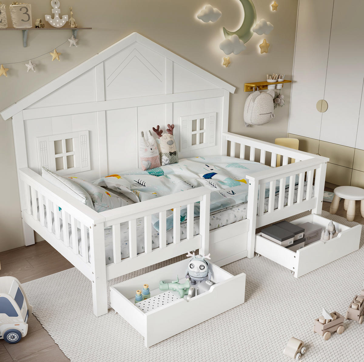 KINDERBETT aus Kiefer und MDF 90x200 cm Weiß mit 2 Schubladen, Dach und Fensterdetails - Weiß, Holzwerkstoff (90/200cm) - Modfu