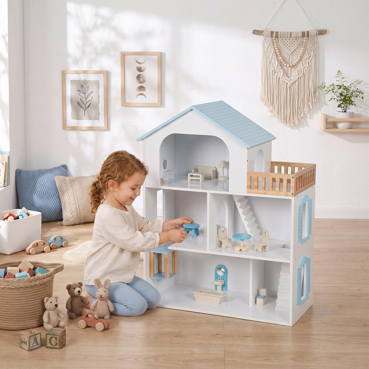 PUPPENHAUS MDF Kiefernholz Blau - Blau, Holzwerkstoff (29.5/79.5/63.5cm) - AIYAPLAY