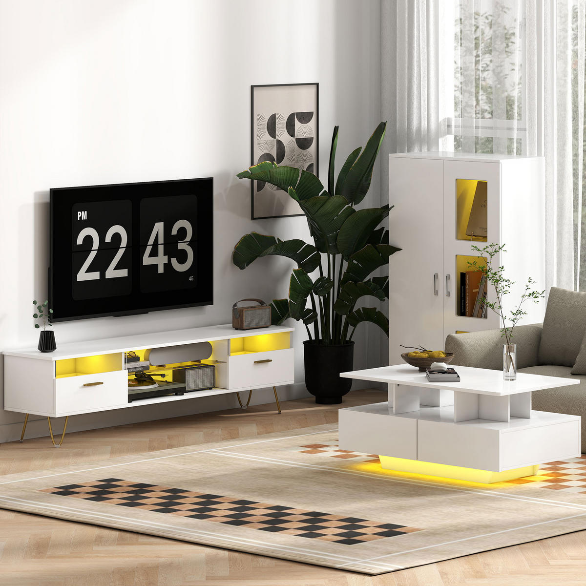 SIDEBOARD DE-11190 LED RGB 16 Farben mit Fernbedienung, Hochglanz Weiß - Weiß, Holzwerkstoff (71/126/35cm) - ComfortXL