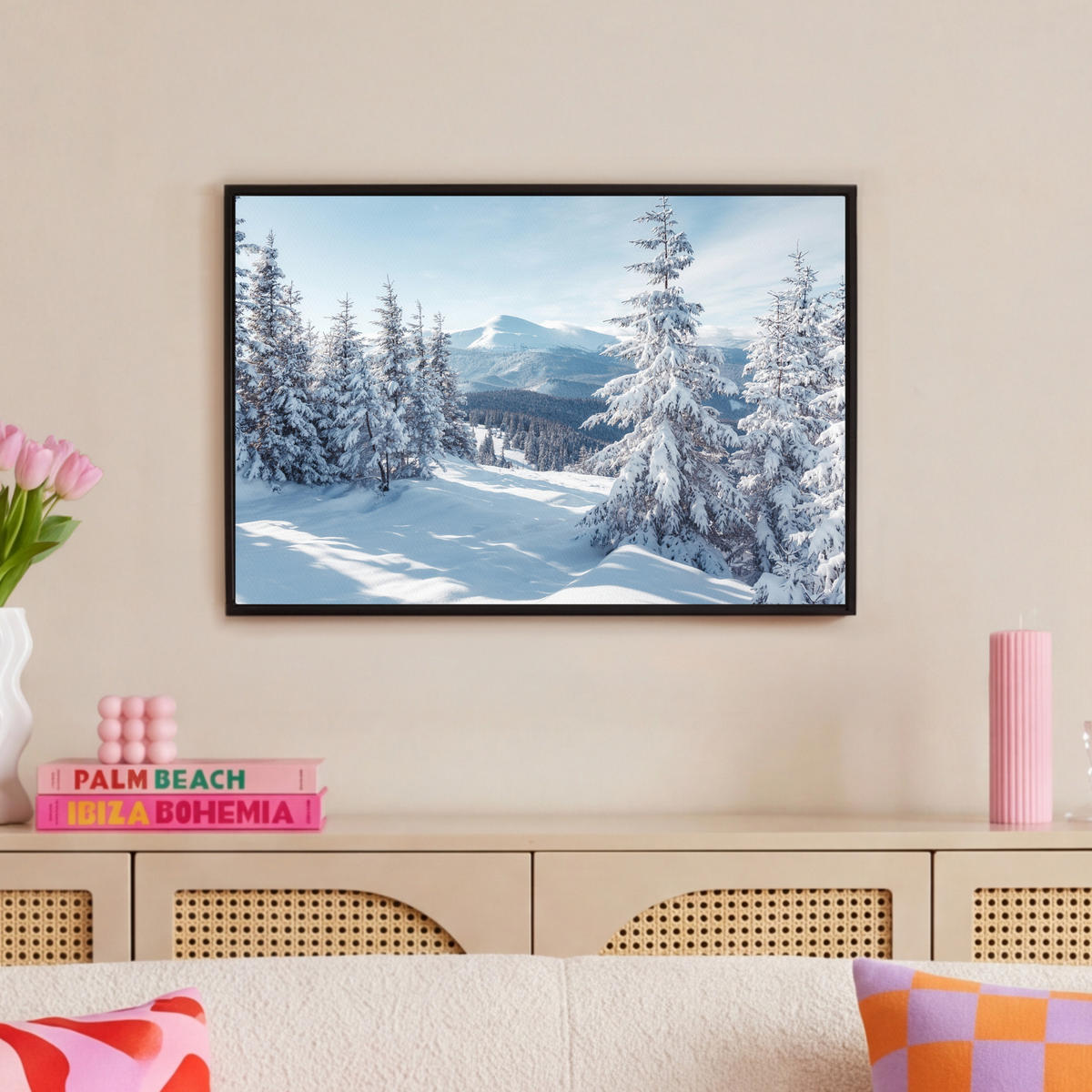 LEINWAND Bilder mit Rahmen - Winterlandschaft - Natur - Berge - Bäume - Schnee - 60x40 - Hellblau, Textil (60/40cm) - MuchoWow