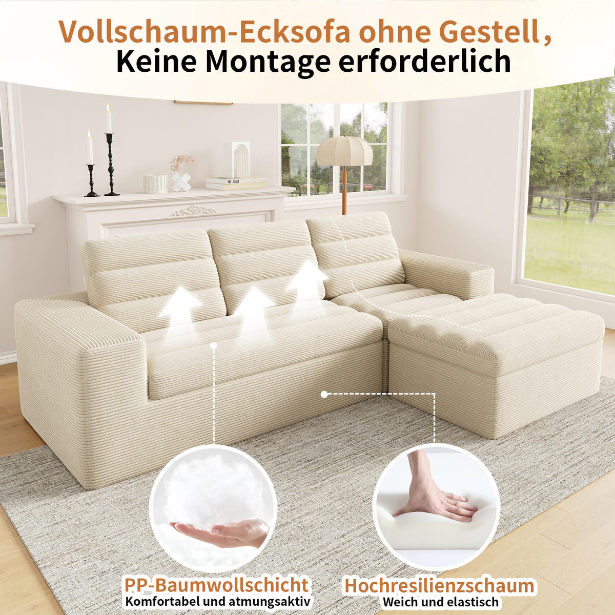 ECKSOFA 253/161/89 cm Beige mit 1 Fußhocker - Beige, Textil (253/161cm) - Oxeza