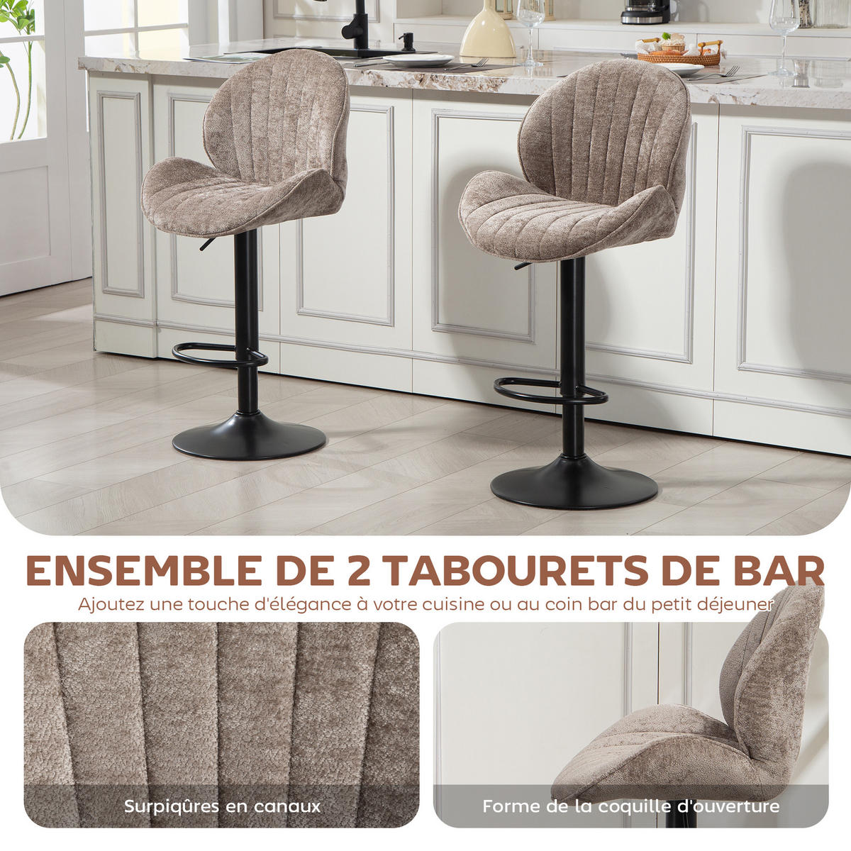BARHOCKER 2er-Set DE-14773 muschelförmig & höhenverstellbar Braun - Braun, Metall (48/115/50cm) - ComfortXL