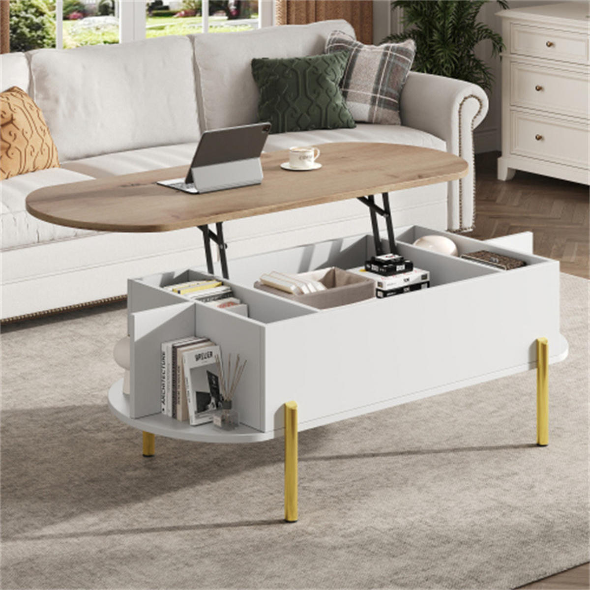 COUCHTISCH 120 x 50 x 43 cm, Wohnzimmer-Couchtisch, höhenverstellbare Tischplatte, mit verstecktem Stauraum, Holzfarbe + Weiß. - Weiß, Holzwerkstoff (120/50/43cm) - Blomus