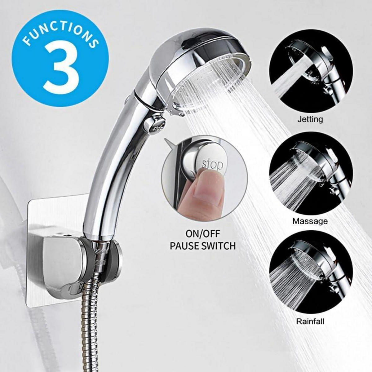 HANDBRAUSE-SET mit 3 Sprühmodi und ON/OFF-Schalter Chrom - Silberfarben, Metall (8/5.3/24cm)