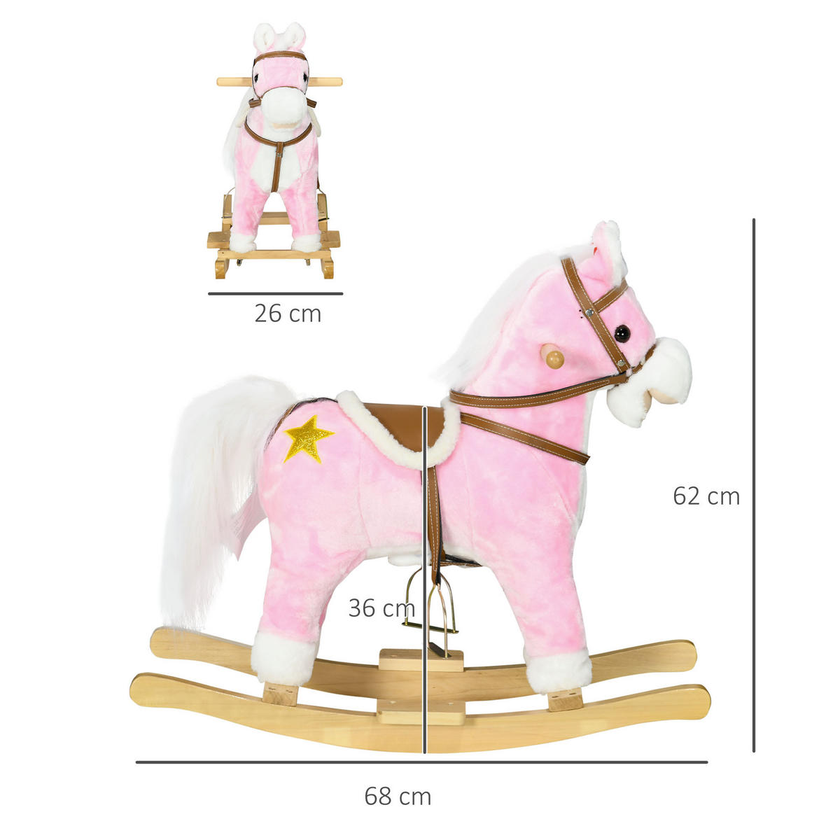 KINDER SCHAUKELTIER, Rosa, Pappelholz+ Plüsch (100% Polyester) - Rosa, Holz (26/62/68cm) - HOMCOM