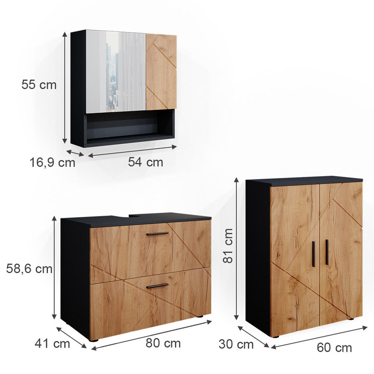 BADMÖBEL-SET Irma Goldkraft Eiche/Anthrazit 3 Teile mit Unterschrank 80 cm - Honigeiche/Anthrazit, Holzwerkstoff (80/58/41cm) - Vicco