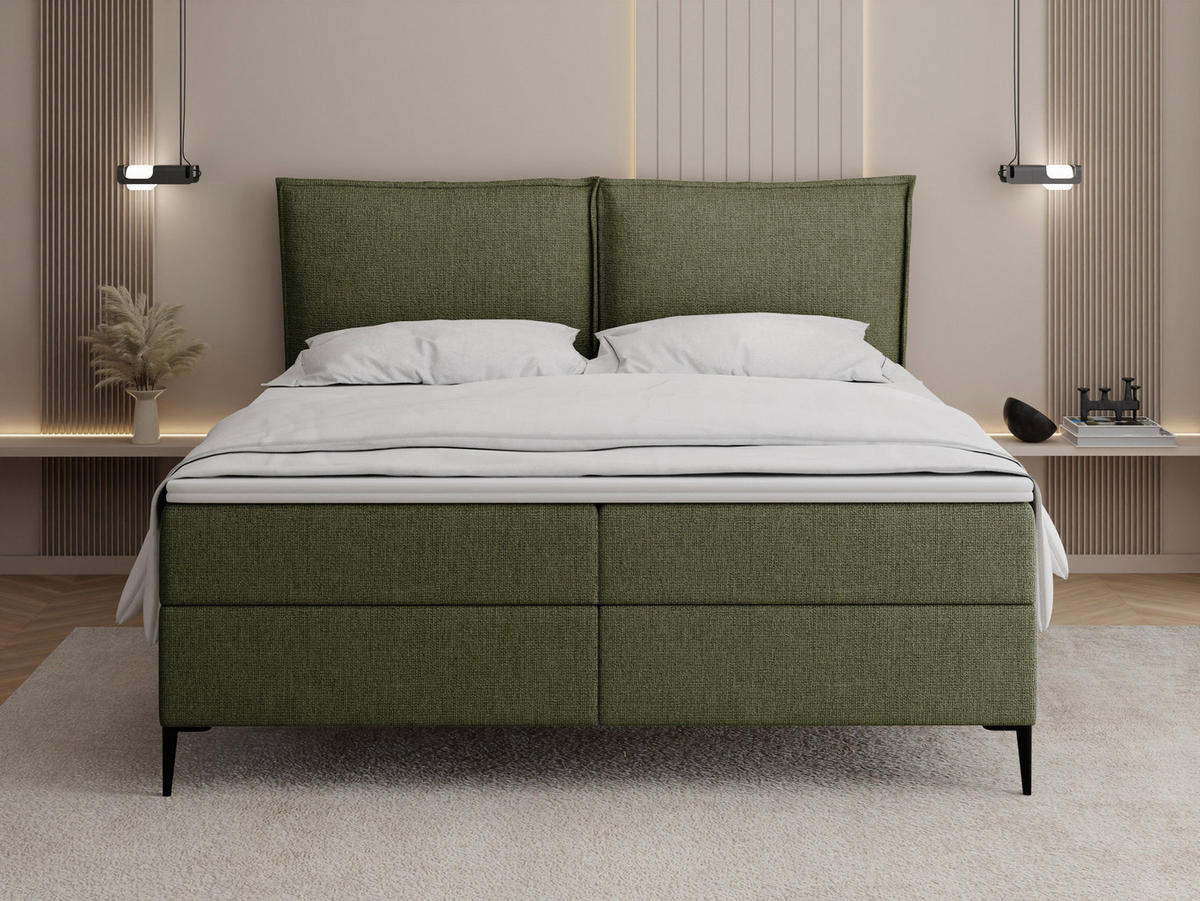 BOXBETT Calio Rise mit Bettkasten, Grün Chenille 180x200 cm – inkl. H4 Taschenfederkern Matratze & Foam Topper - Creme/Schwarz, Holz/Holzwerkstoff (180/200cm) - WFL GROUP