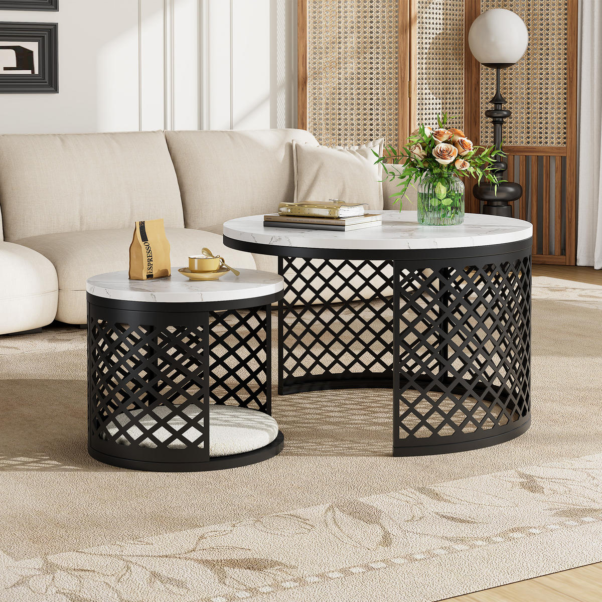 COUCHTISCH-SET 70/70/45 cm und 45/45/35 cm mit Marmor-Optik, pet-freundlich und stapelbar, Weiß - Weiß, Metall (70/70/45cm) - Redom