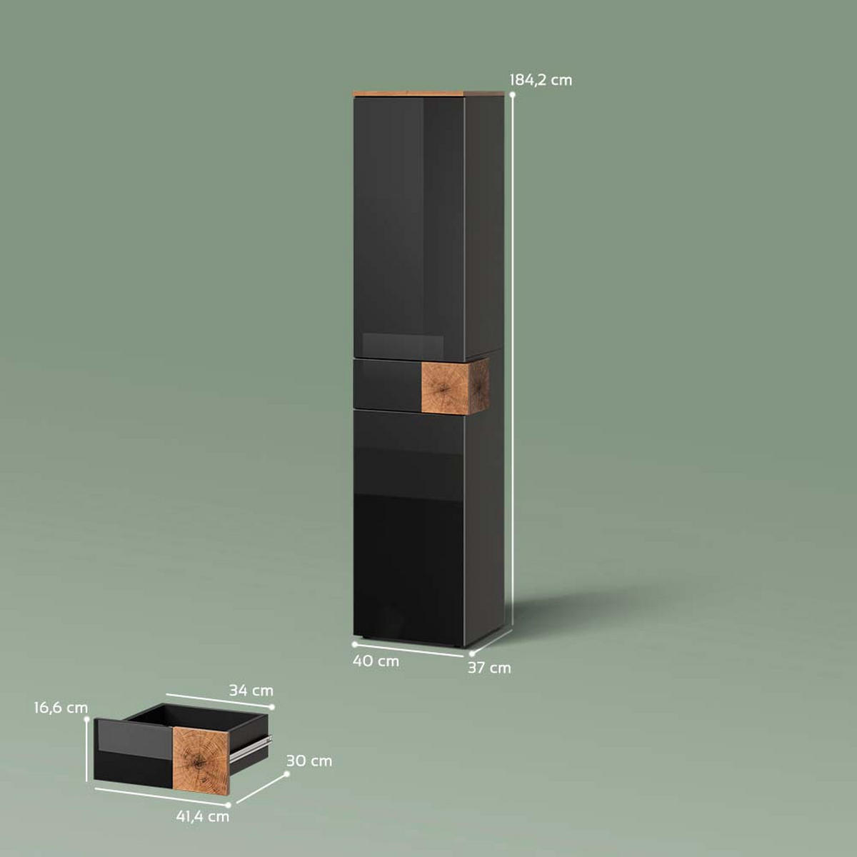 BADSCHRANK Tanaro Anthrazit 40 x 184.2 cm - Anthrazit/Eiche Artisan, Holzwerkstoff (40/184.2/37cm) - Livinity®