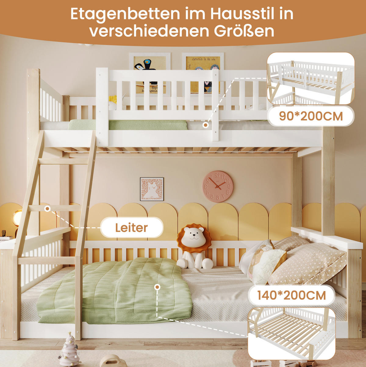 ETAGENBETT aus Kiefer 90x200/140x200 cm Weiß/Natur mit Leiter und Bettgitter, platzsparend - Weiß, Holzwerkstoff (90/200cm) - Modfu